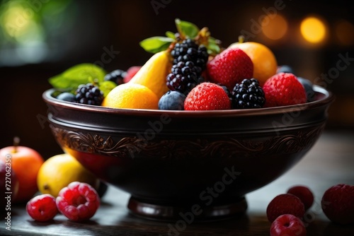 a close up of a bowl of fruit on a table  bowl of fruit. 