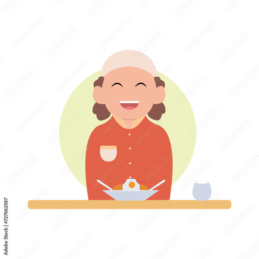 vector illustration of a cute child character breaking the fast simple concept eid mubarak happy