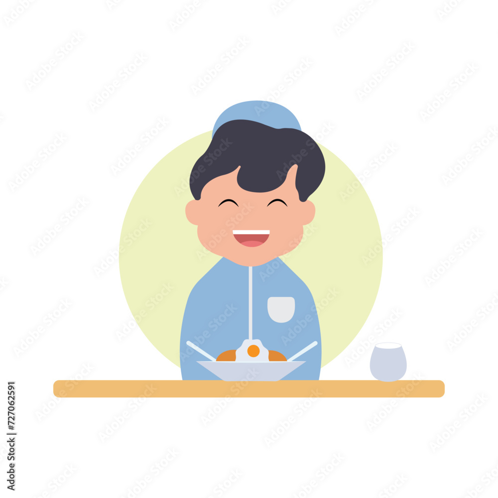 vector illustration of a cute child character breaking the fast simple concept eid mubarak happy