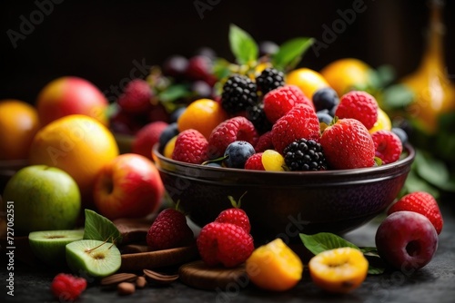 a bowl of fruit sitting on top of a table  bowl of fruit. 