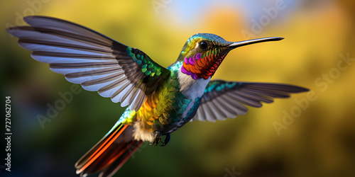 Humming bird green sword-billed ,Cute hummingbird bird with colorful plumage closeup photography