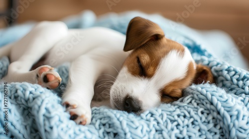 jack russell terrier puppy sleeping peacefully, with a smooth white coat and brown spots. dog lying down on a sky blue colored knitted blanket, which looks soft and comfortable. generative AI