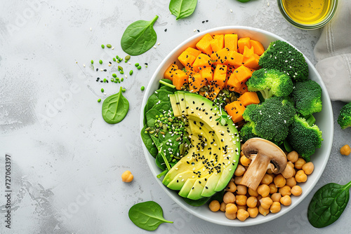 close up image of a healthy vegan bowl with avocado, spinach, chickpeas, broccoli and pumpkin on a white background. View from above Generative AI