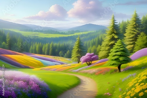 Beautiful and Peaceful Nature Scenery Illustration, Landscape, Countryside, Tranquil, Vibrant and Colorful