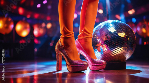 A womans leg in fiery orange tights and high pink heels.Closeup.Fashion,beauty,luxury.Generative AI