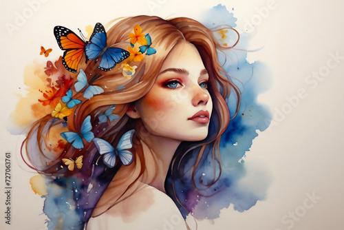 Portrait of a girl with butterflies. Artistic colorful background, watercolor