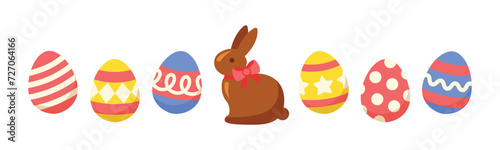 Easter bunny rabbit chocolate and easter eggs with ornament isolated on white background. Cute modern colorful cartoon. Minimal design elements for seasonal holiday decoration. Vector illustration.
