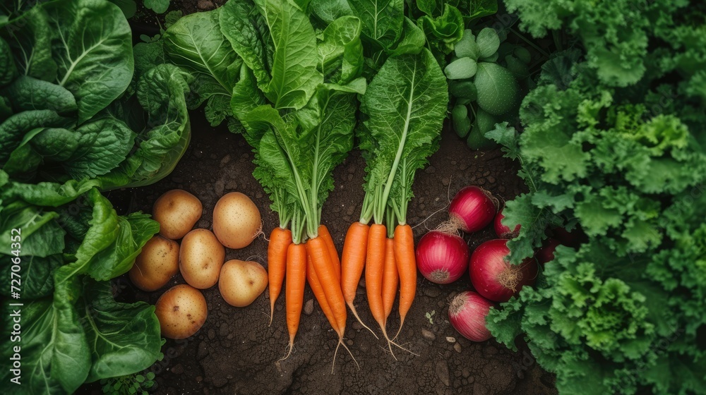 A colorful still life display highlighting the beauty of fresh vegetables, fruits, and greens. A colorful still life display highlighting the beauty of fresh vegetables, fruits, and greens.