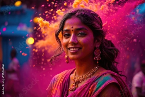 a woman in a pink sari smiles at the camera, festival of rich colors, holi festival of rich color, portrait happy colors