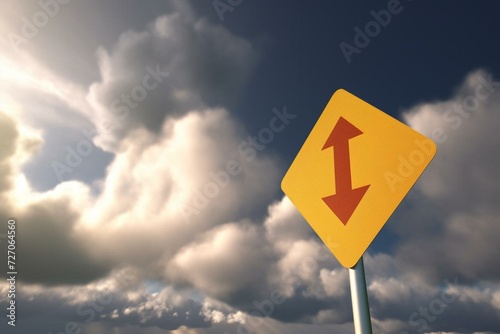 3D illustration of a traffic sign indicating caution for crosswind with a sky filled with clouds. Generative AI