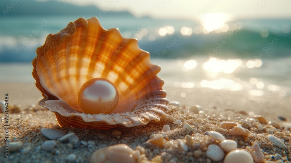 Orange Seashell With Pearl on the Shoreline Bathed in Sunset Light Orange Seashell With Pearl on the Shoreline Bathed in Sunset Light