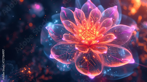 A neon-lit flower in a dark space  its petals formed by intricate geometric shapes  creating a mesmerizing and artistic scene.