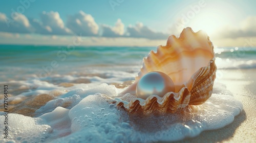 Orange Seashell With Pearl on the Shoreline Bathed in Sunset Light photo