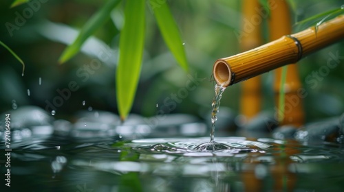 Tranquil Bamboo Water Fountain Gently Trickling Into a Serene Rainy Pond