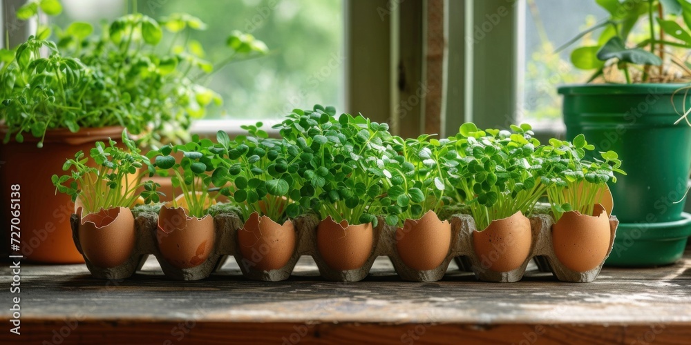 Assortment of Young Herb Plants Growing in Biodegradable Pots on a Wooden Windowsill Assortment of Young Herb Plants Growing in Biodegradable Pots on a Wooden Windowsill