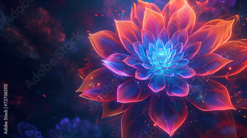 A neon-lit flower in a dark space, its petals formed by intricate geometric shapes, creating a mesmerizing and artistic scene.