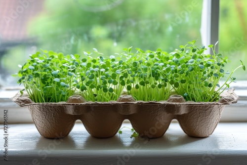 Assortment of Young Herb Plants Growing in Biodegradable Pots on a Wooden Windowsill