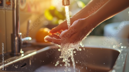 Woman washing hands under water tap, Liquid antibacterial soap and foam, Close up of female hand, Self care and hygiene, Infection prevention, generative ai