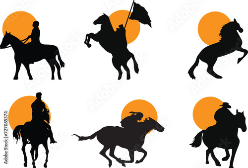 Horse silhouette set, horseman icon pack with black and orange silhouette