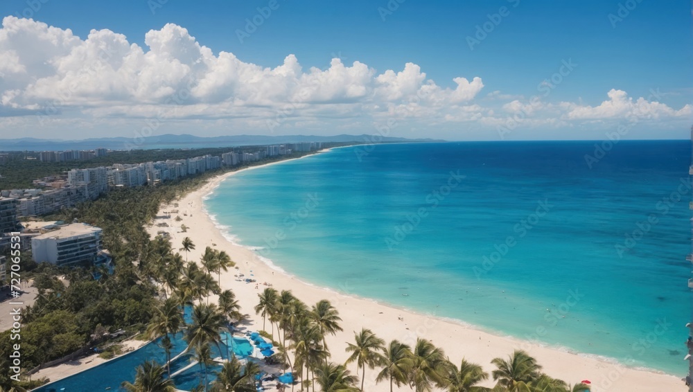 Fototapeta premium Tropical beach concept made of coconut fruit and sun umbrella. Creative minimal summer idea