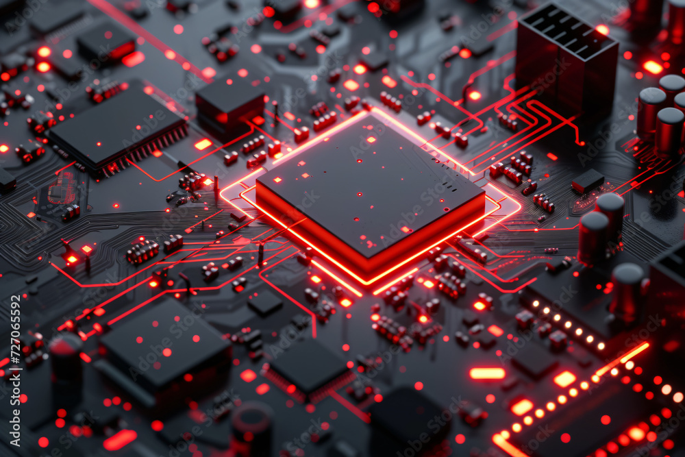 CPU Neon Flow: A Futuristic Representation of Advanced Technology with Red Data Flowing Across a Microchip and Motherboard CPU Neon Flow: A Futuristic Representation of Advanced Technology with Red Data Flowing Across a Microchip and Motherboard