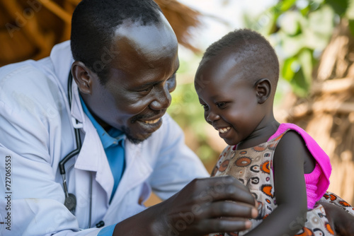 happy african male doctor examining baby girl. African male pediatrician hold stethoscope exam child boy patient visit doctor , black paediatrician check heart lungs of kid do pediatric checkup photo