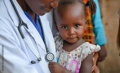 happy african male doctor examining baby girl. African male pediatrician hold stethoscope exam child boy patient visit doctor , black paediatrician check heart lungs of kid do pediatric checkup in hos