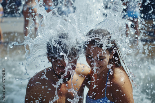 Adults bathe in a fountain on a very hot summer day.