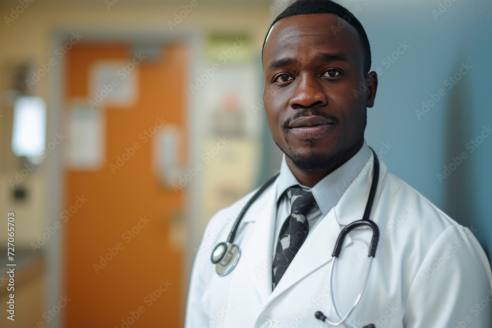 Portrait of an African American male doctor in a white coat. Portrait of an African American male doctor in a white coat.