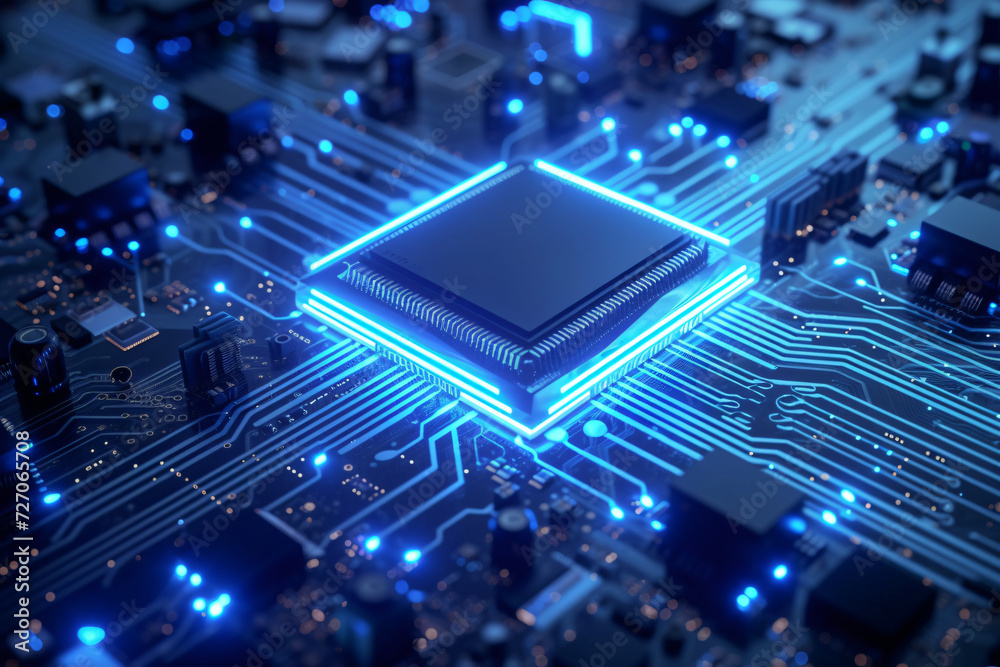 CPU Neon Flow: A Futuristic Representation of Advanced Technology with Blue Data Flowing Across a Microchip and Motherboard CPU Neon Flow: A Futuristic Representation of Advanced Technology with Blue Data Flowing Across a Microchip and Motherboard