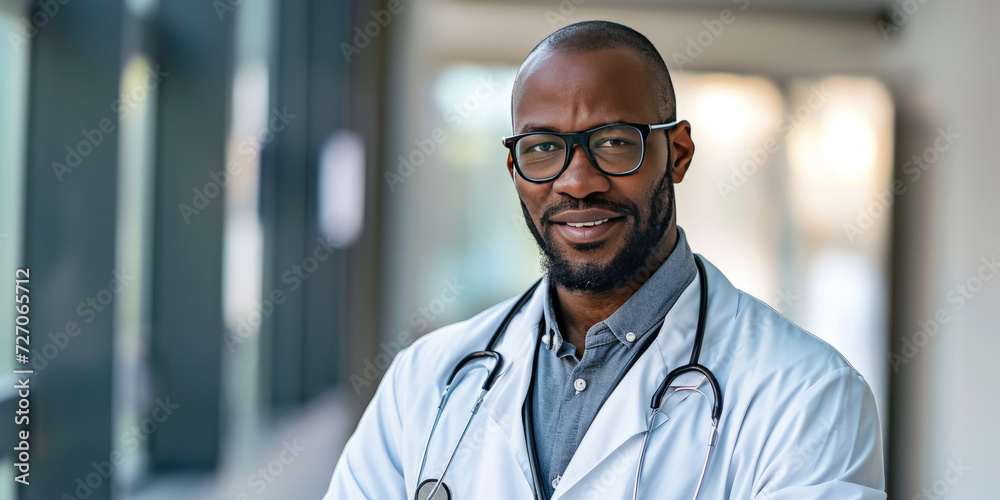 Portrait of an African American male doctor in a white coat. Portrait of an African American male doctor in a white coat.