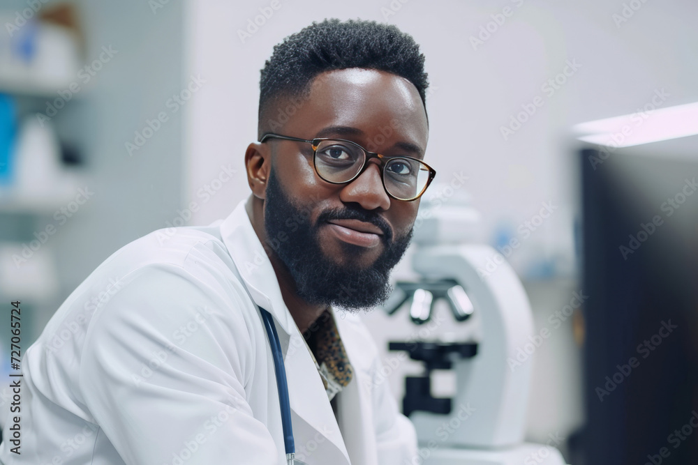 Portrait of an African American male doctor in a white coat. Portrait of an African American male doctor in a white coat.