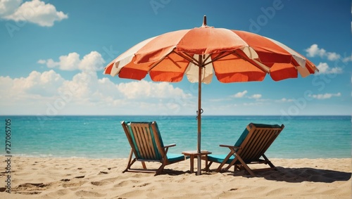 Tropical beach concept made of coconut fruit and sun umbrella. Creative minimal summer idea