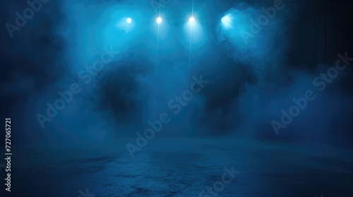 A dark empty street, dark blue background, an empty dark scene, neon light, spotlights The asphalt floor and studio room with smoke float up the interior texture. night view, generative ai