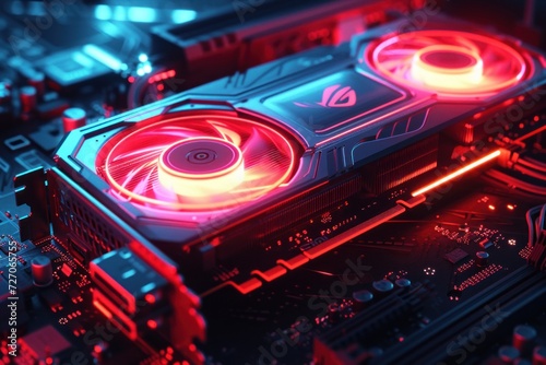 Close-Up View of a Glowing Graphics Card With Fans Operative Against a Dark Background