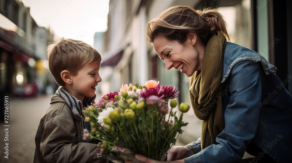 Small son gives his beloved mother a beautiful bouquet of flowers. Spring, concept of family vacation. Women's day, Mother's day. Small son gives his beloved mother a beautiful bouquet of flowers. Spring, concept of family vacation. Women's day, Mother's day.