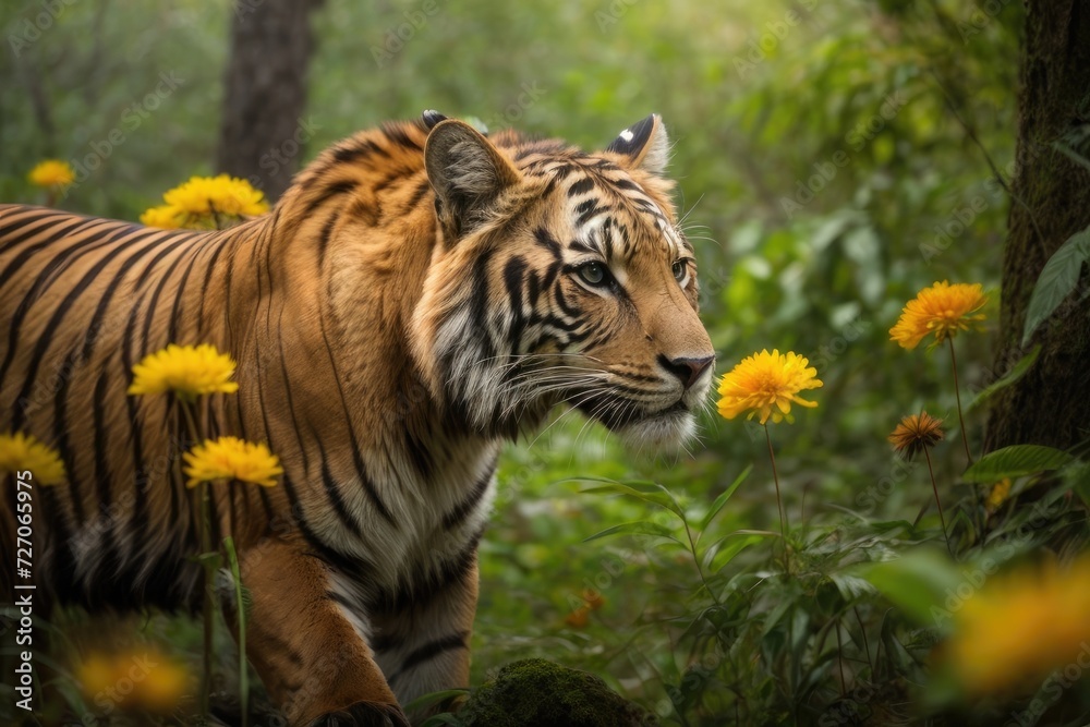 Obraz premium a tiger walking through a lush green forest, tiger, a tiger, looking majestic in forest, tigers, wildlife photography. Wildlife day concept 