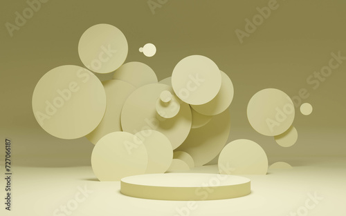 a platform podium for presentation purposses. Abstract Conceptual Art Installation of Spheres and Circles in a Monochrome Setting 3d render illustration