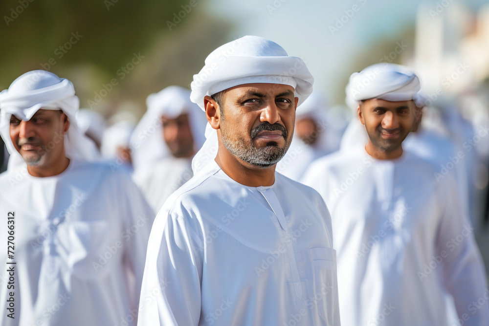 A group of indigenous Arab men. People dressed in traditional white clothes are walking. A group of indigenous Arab men. People dressed in traditional white clothes are walking.