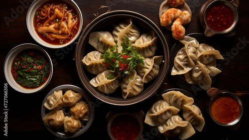 Savory steamed and pan-fried dumplings wontons served with dipping sauces and soup on a wooden table.