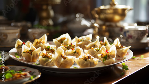 Savory steamed and pan-fried dumplings wontons served with dipping sauces and soup on a wooden table. photo