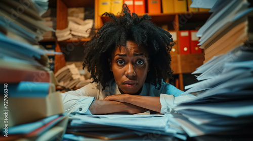 Black Businesswoman Having Problems With Administration Documents, Overwhelmed Businesswoman Facing Mounting Paperwork, Stressful Workload Management, Office Crisis Concept