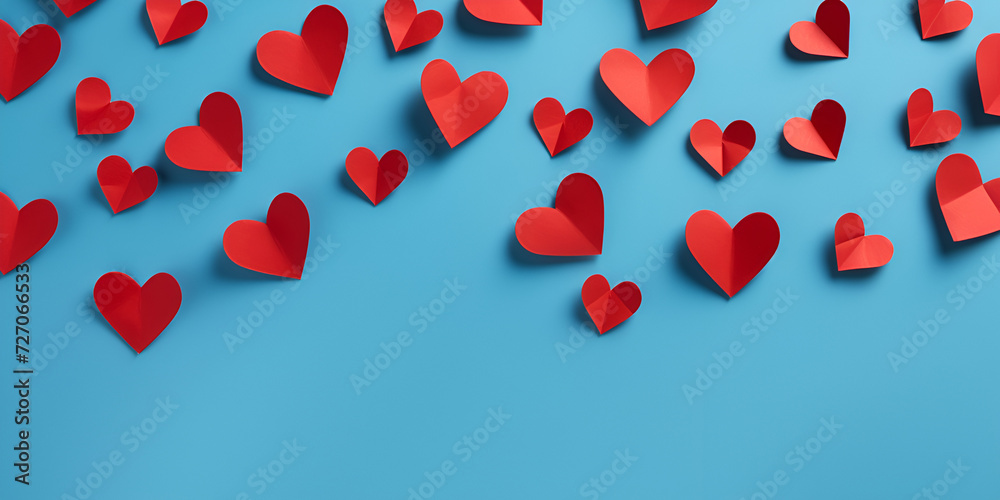 Red hearts pattern on blue background for valentine's day Valentine day background with red hearts top view and background AI Generative