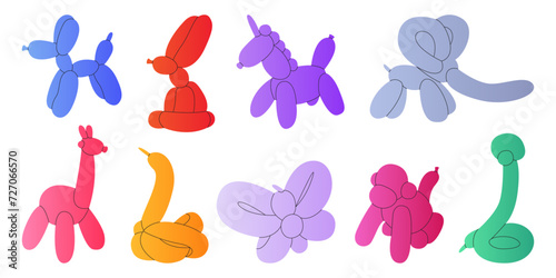 Set of colorful shaped balloon animals. Kids birthday dog, unicorn, rabbit, giraffe, dachshund, poodle, swan helium toys decoration. Twisting technique DIY tutorial. Clown stuff party air bubble
