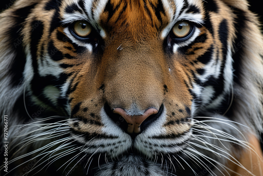 Obraz premium Portrait of a tiger's face on a dark background.