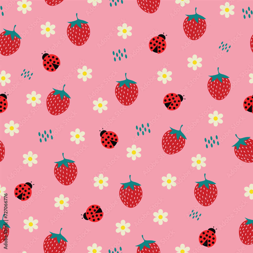 cute strawberry and ladybugs hand drawn seamless pattern vector illustration for decoration invitation greeting birthday party celebration wedding card poster banner textiles wallpaper background cute strawberry and ladybugs hand drawn seamless pattern vector illustration for decoration invitation greeting birthday party celebration wedding card poster banner textiles wallpaper background