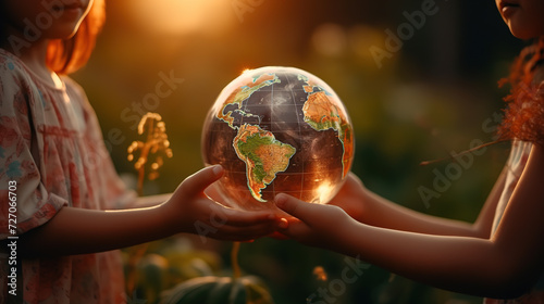 World environment Day concept. Child hand s who is holding carry the World. Protect our globe. Copy space.