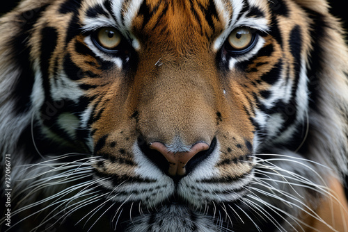 Portrait of a tiger s face on a dark background.