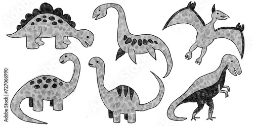 Set of hand drawn grayscale black and white high contrast dinosaur silhouette clipart isolated on transparent background. Watercolor and crayon cute cartoon art baby dino design elements collection. © Unleashed Design