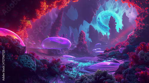 a neon-lit fantasy landscape, where abstract shapes and vibrant colors paint a surreal and dreamlike atmosphere